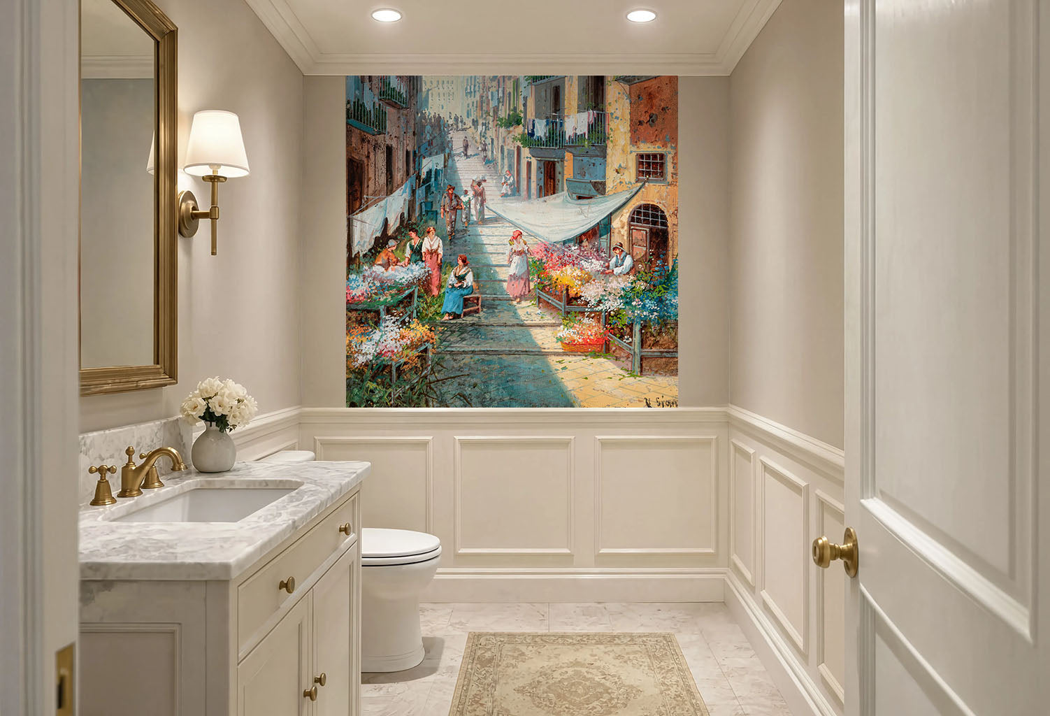 Square 60x60 inch vintage Italian street wallpaper installed above white wainscoting in a cozy powder room.