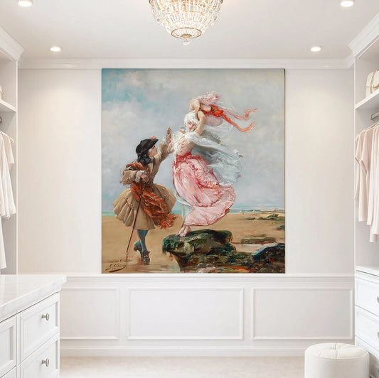 A large framed wall art print depicting a classical painting of a woman in a pink dress and a child, displayed in a bright white walk-in closet with clothing racks and drawers.