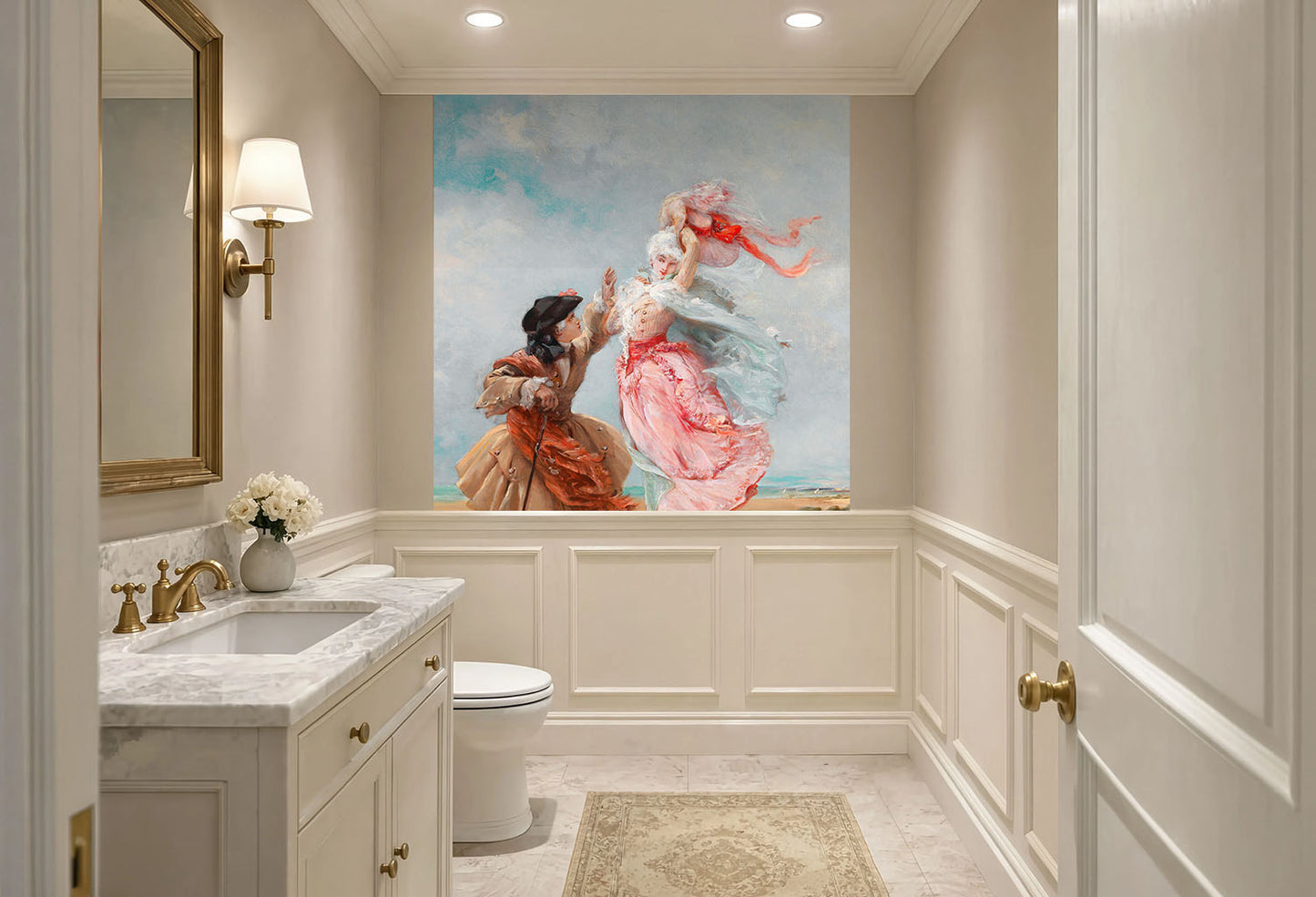 Square 60x60 inch vintage romantic couple wallpaper installed above white wainscoting in an elegant powder room.