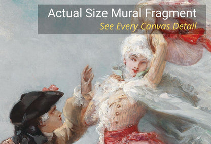Fine art vintage coastal print wallpaper on laminated vinyl showing flowing pastel pink gowns, tricorn hat, and soft sky background.