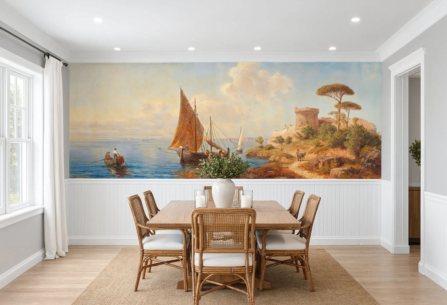 Coastal Sailboat Wall Mural Above Wainscoting with historic stone fortress and warm sunset light