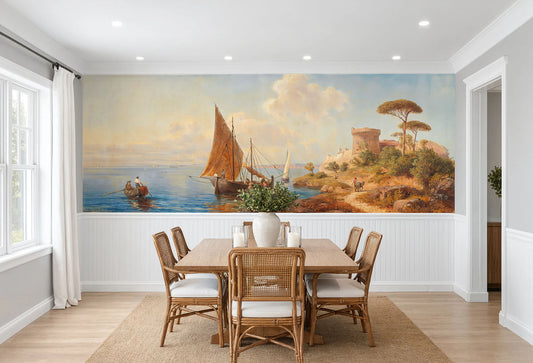 Coastal Sailboat Wall Mural Above Wainscoting with historic stone fortress and warm sunset light