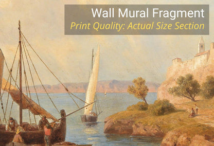 Panoramic coastal harbor view wall mural installed above white wainscoting in dining room