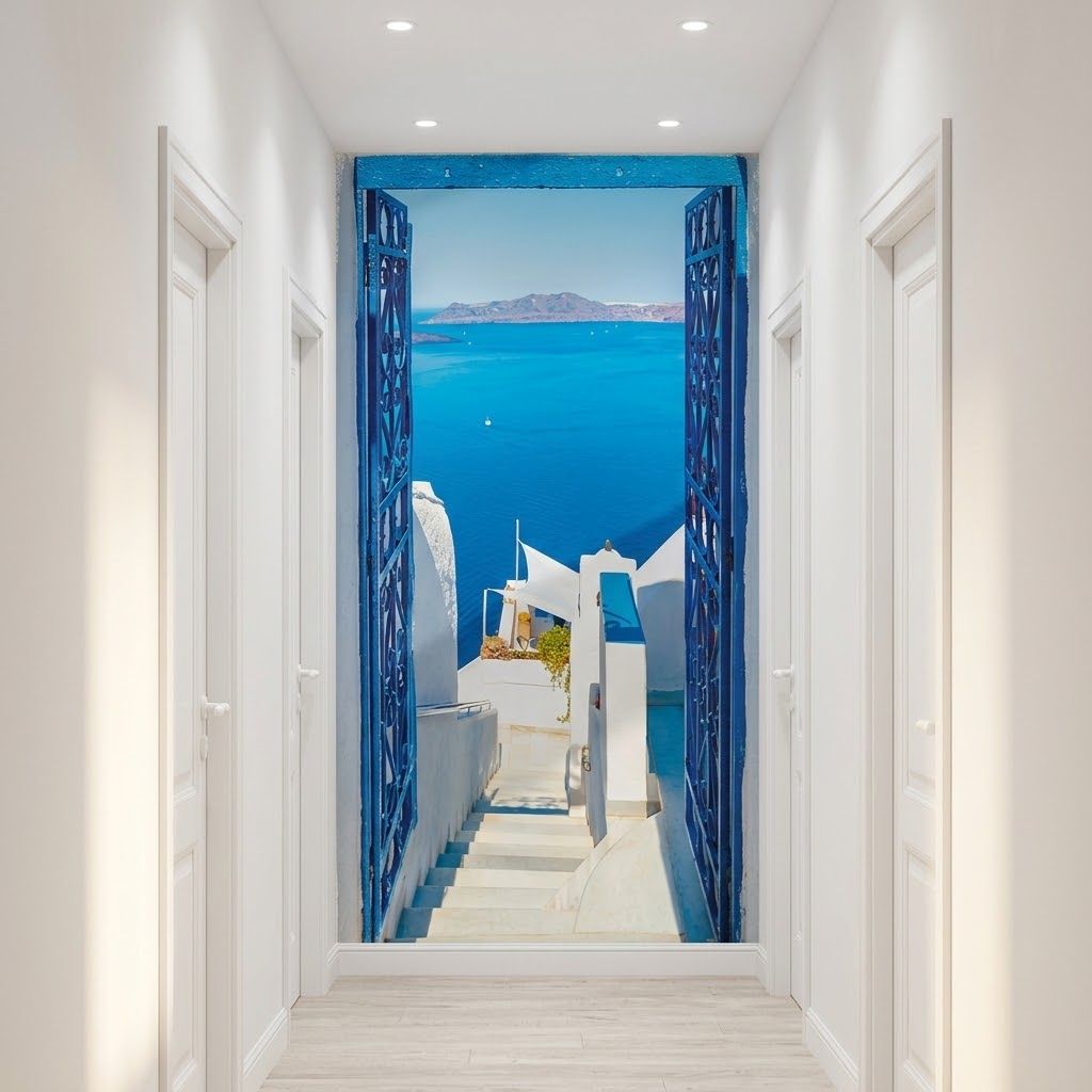 A hallway with white walls and light wood flooring, featuring a large wall mural or door panel depicting a bright blue Mediterranean sea view with white buildings and blue doors.