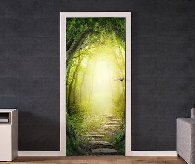 Green Forest Door Wrap Mystical Tree Tunnel Decal Peel and Stick Nature Door Skin Stone Path Mural Self Adhesive Door Covering