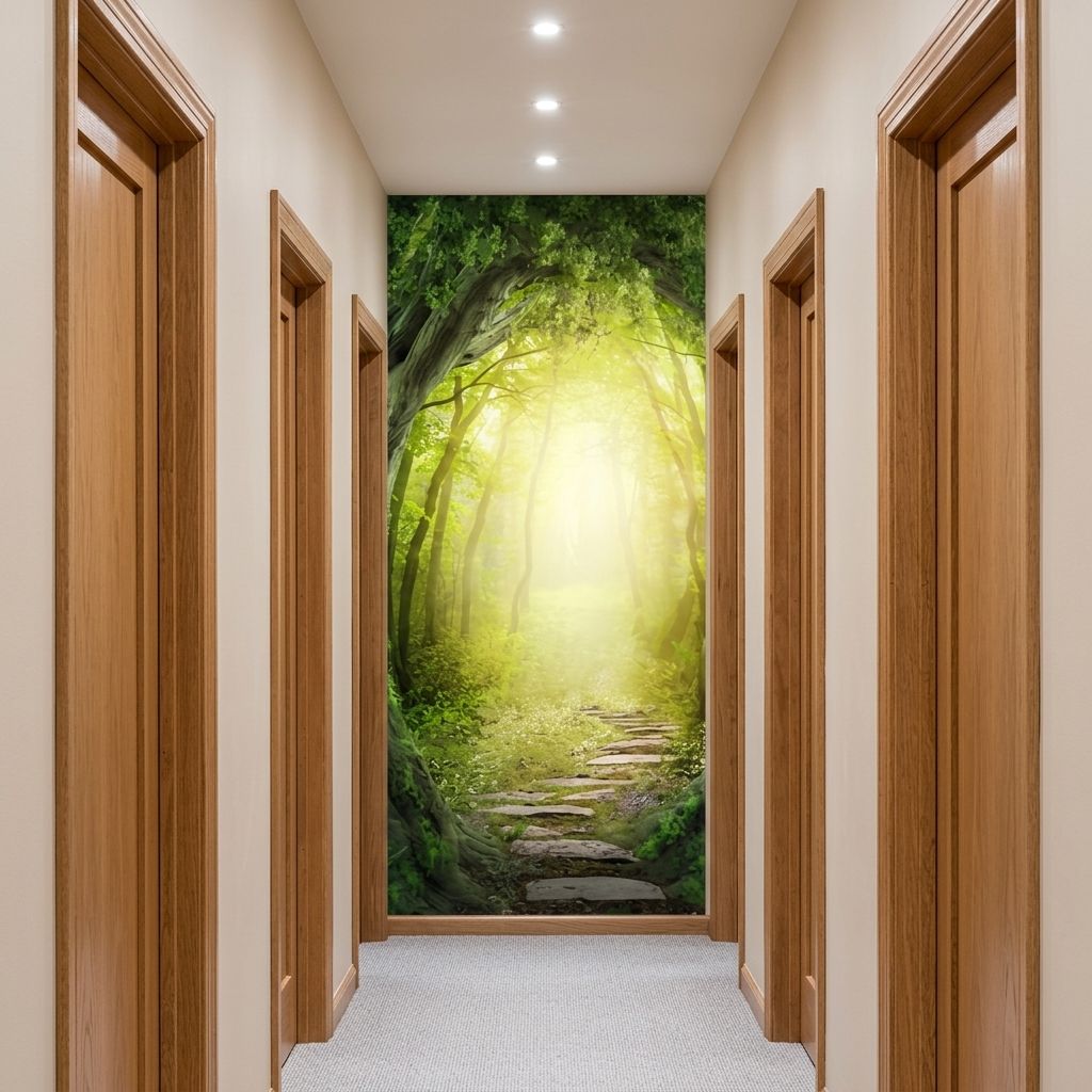 A hallway with beige walls and wooden doors, featuring a large wall mural of a sunlit green forest path at the far end.