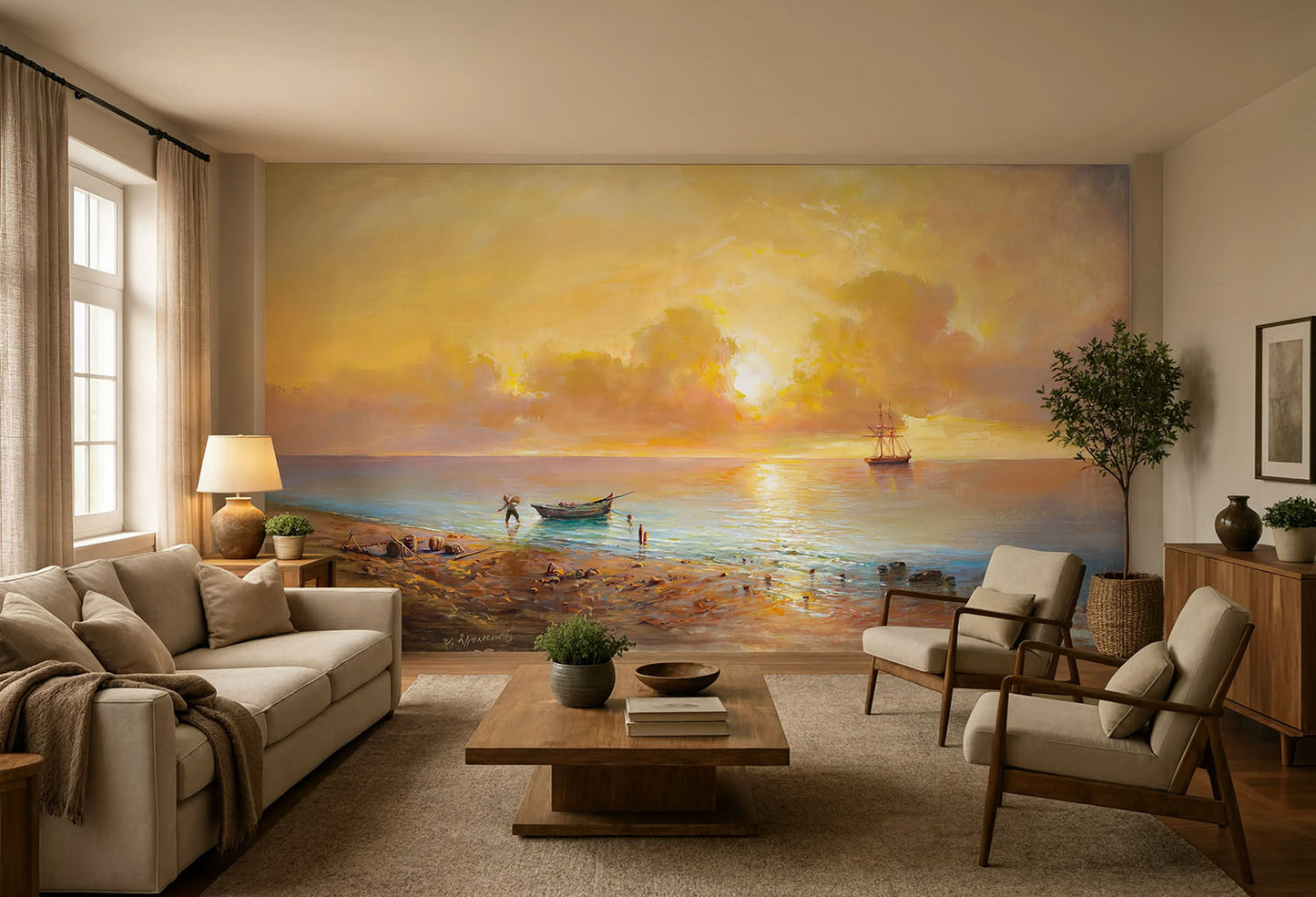 A 19th-century maritime oil painting wall mural by Grigorij Kapustin showing a glowing golden sunset over the sea with a sailboat and a small fishing boat on shore.