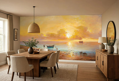 Historic marine art print wallpaper on non-woven vinyl, capturing luminous gold clouds, turquoise water details, and a classical sailing ship silhouette.