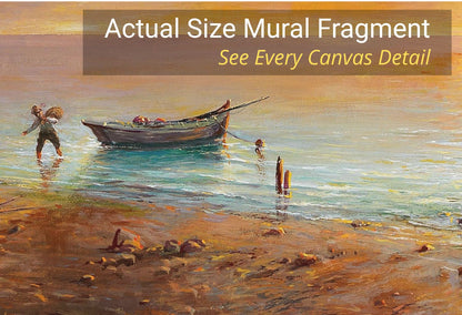 A painted mural fragment showing a calm shoreline scene with a small boat on turquoise water, a person wading into the water on the left, and a dark brown banner at the top reading 'Actual Size Mural Fragment' and 'See Every Canvas Detail'. This is not a clean product shot of a physical object in studio, and the depicted scene itself appears to be the item being sold, so Scenery fits better than Product/Packaging or Lifestyle.