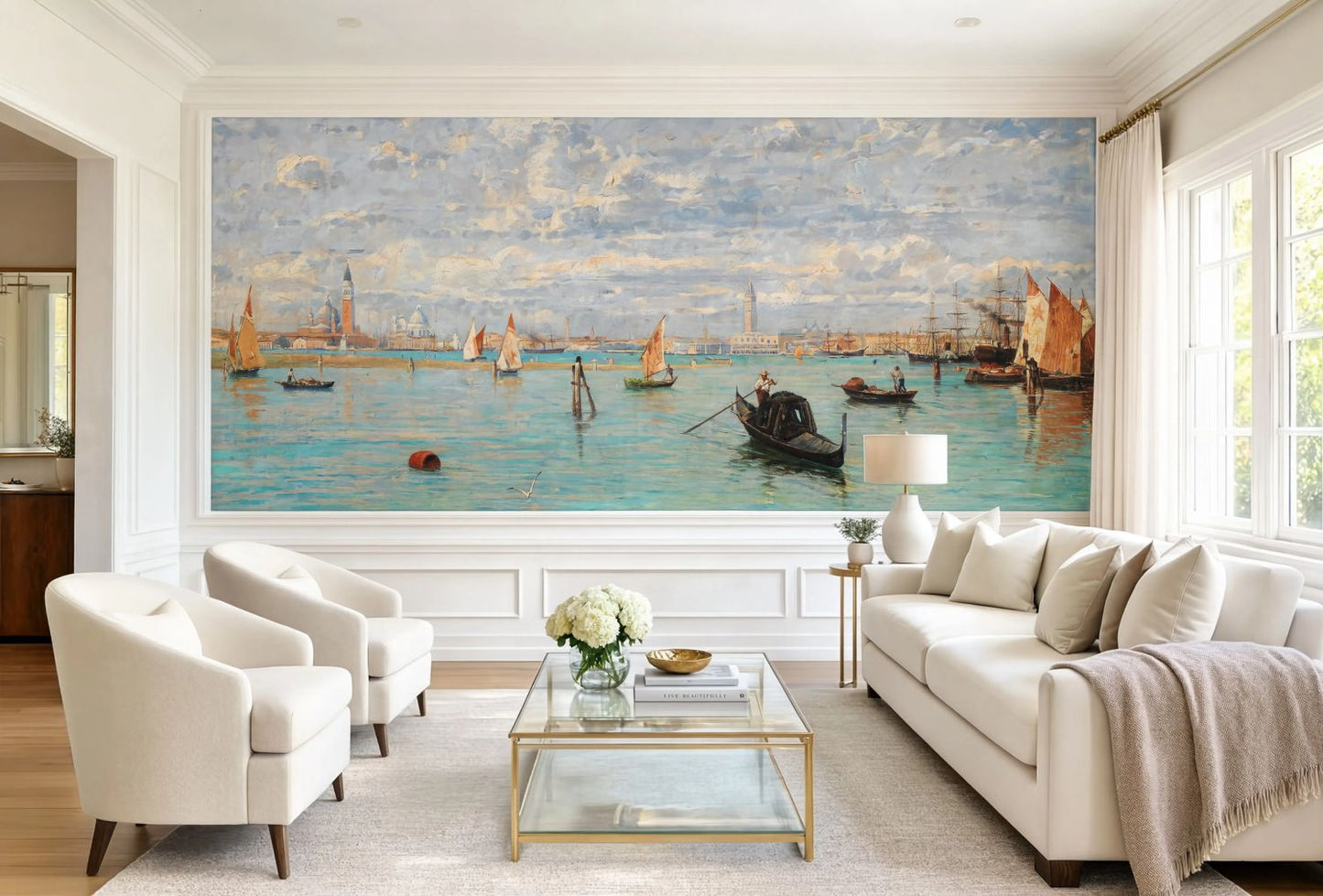 A 19th-century Italian seascape wall mural by Guglielmo Ciardi showing the Venice lagoon filled with numerous orange-sailed boats and gondolas under a cloudy sky.