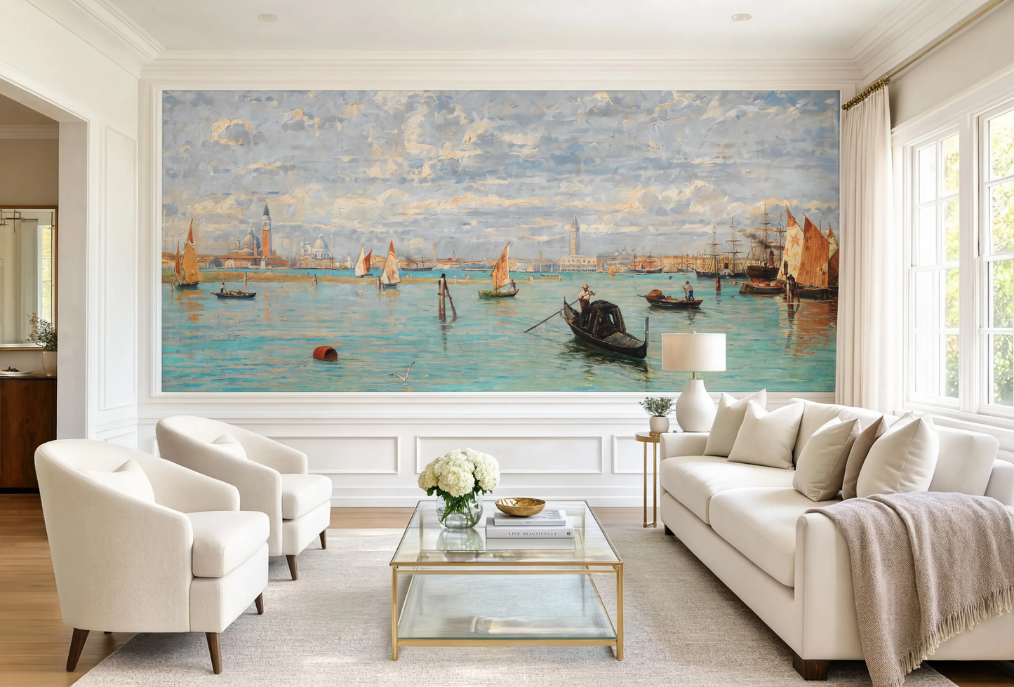 A 19th-century Italian seascape wall mural by Guglielmo Ciardi showing the Venice lagoon filled with numerous orange-sailed boats and gondolas under a cloudy sky.