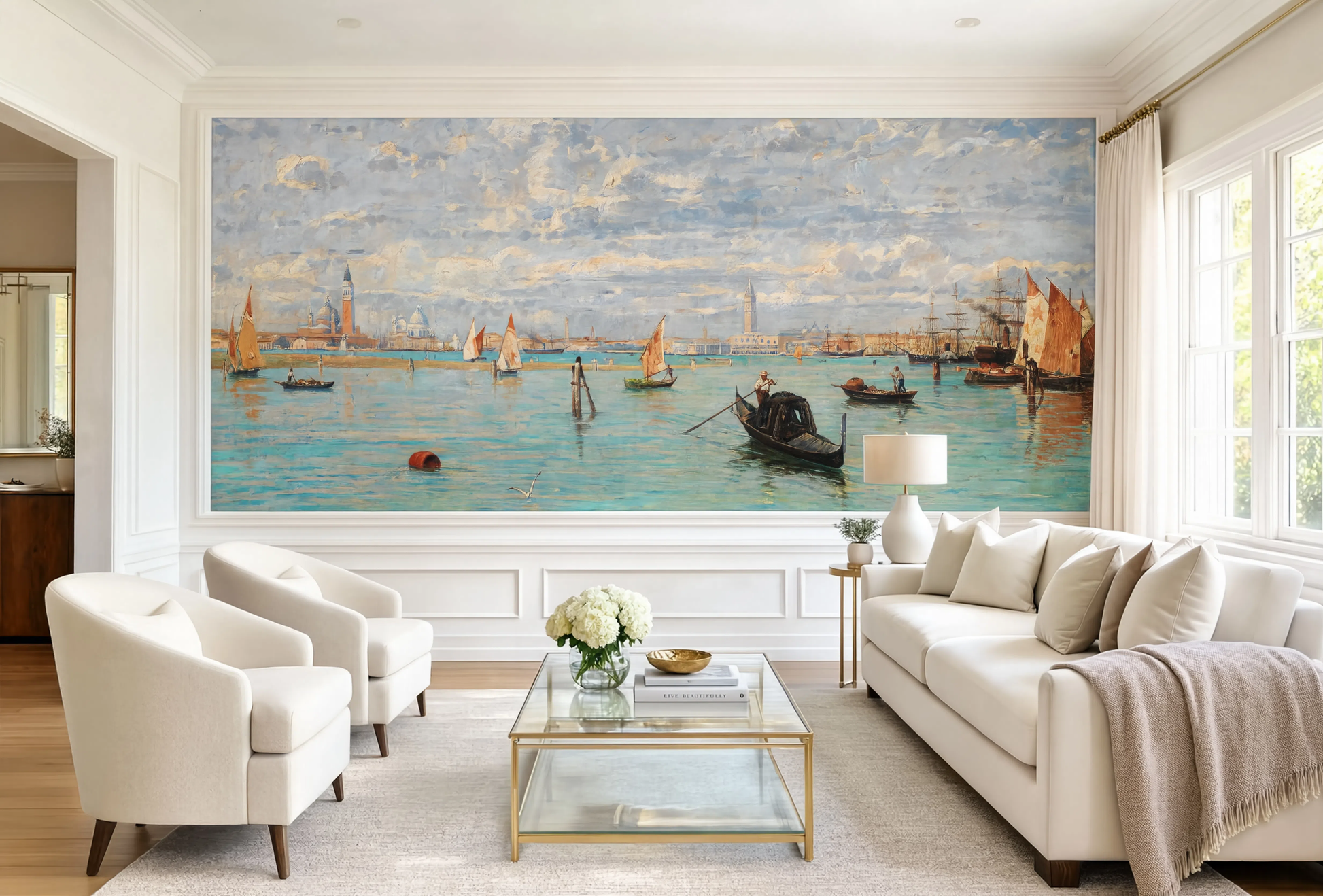 A 19th-century Italian seascape wall mural by Guglielmo Ciardi showing the Venice lagoon filled with numerous orange-sailed boats and gondolas under a cloudy sky.