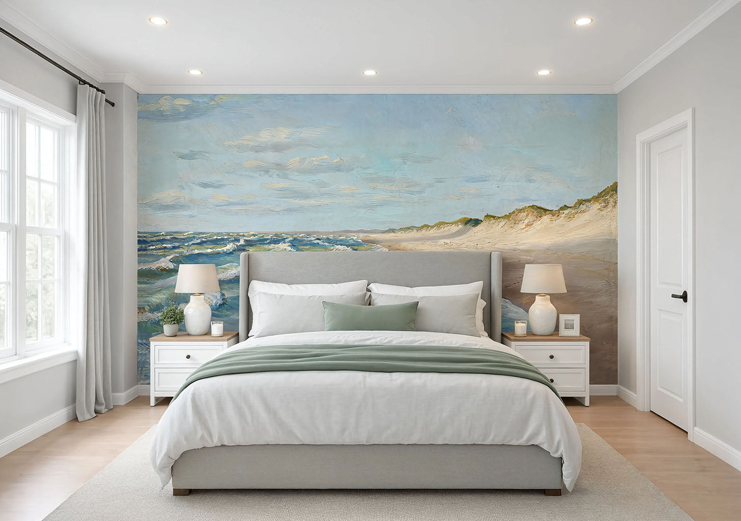 Coastal sand dunes wall mural installed behind headboard in serene bedroom
