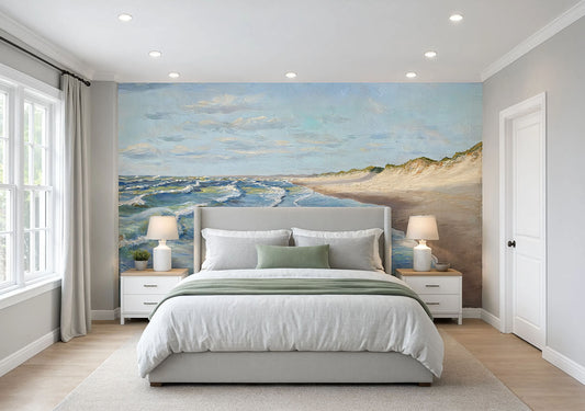 Beach house wallpaper. Vintage Ocean Waves Landscape Wallpaper printed on self adhesive peel and stick vinyl