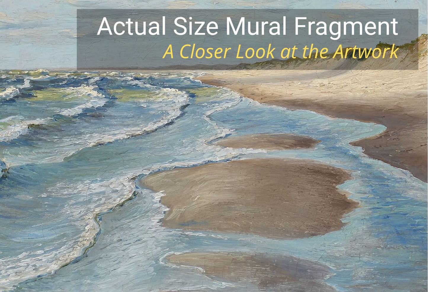 A beach shoreline painting with blue water, sandy shore, and a semi-transparent text banner reading 'Actual Size Mural Fragment' and 'A Closer Look at the Artwork.'.