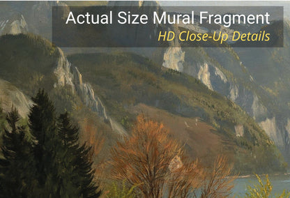 Panoramic lake view wall mural installed above white wainscoting in living room