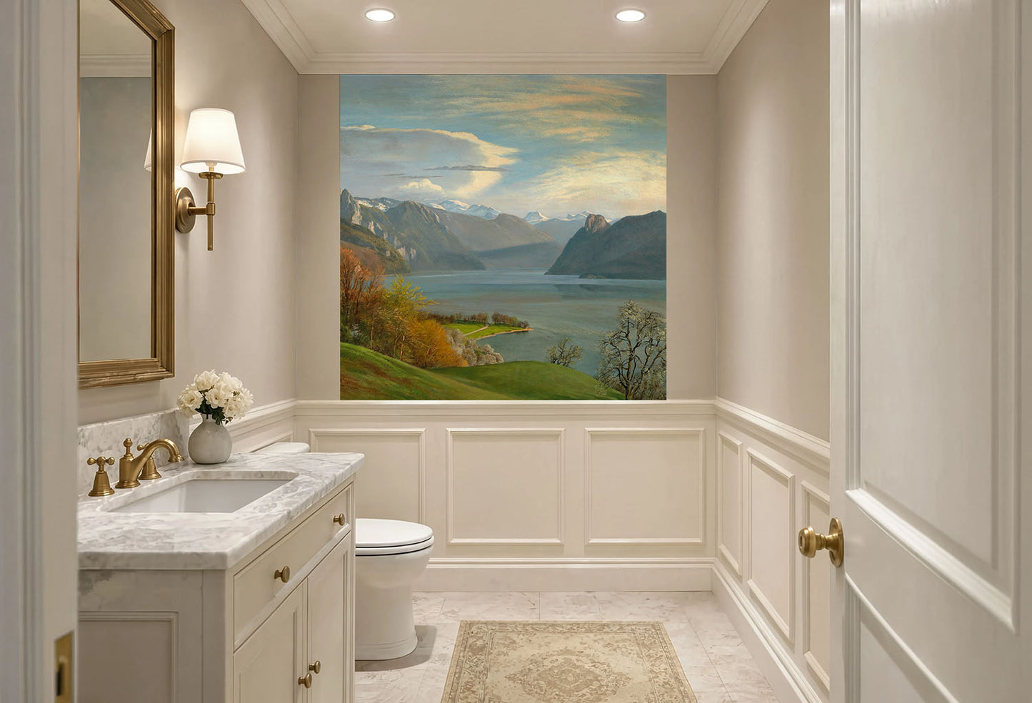 Realistic mountain lake wallpaper 60x60 printed on laminated water resistant peel and stick vinyl
