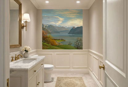 Realistic mountain lake wallpaper 60x60 printed on laminated water resistant peel and stick vinyl