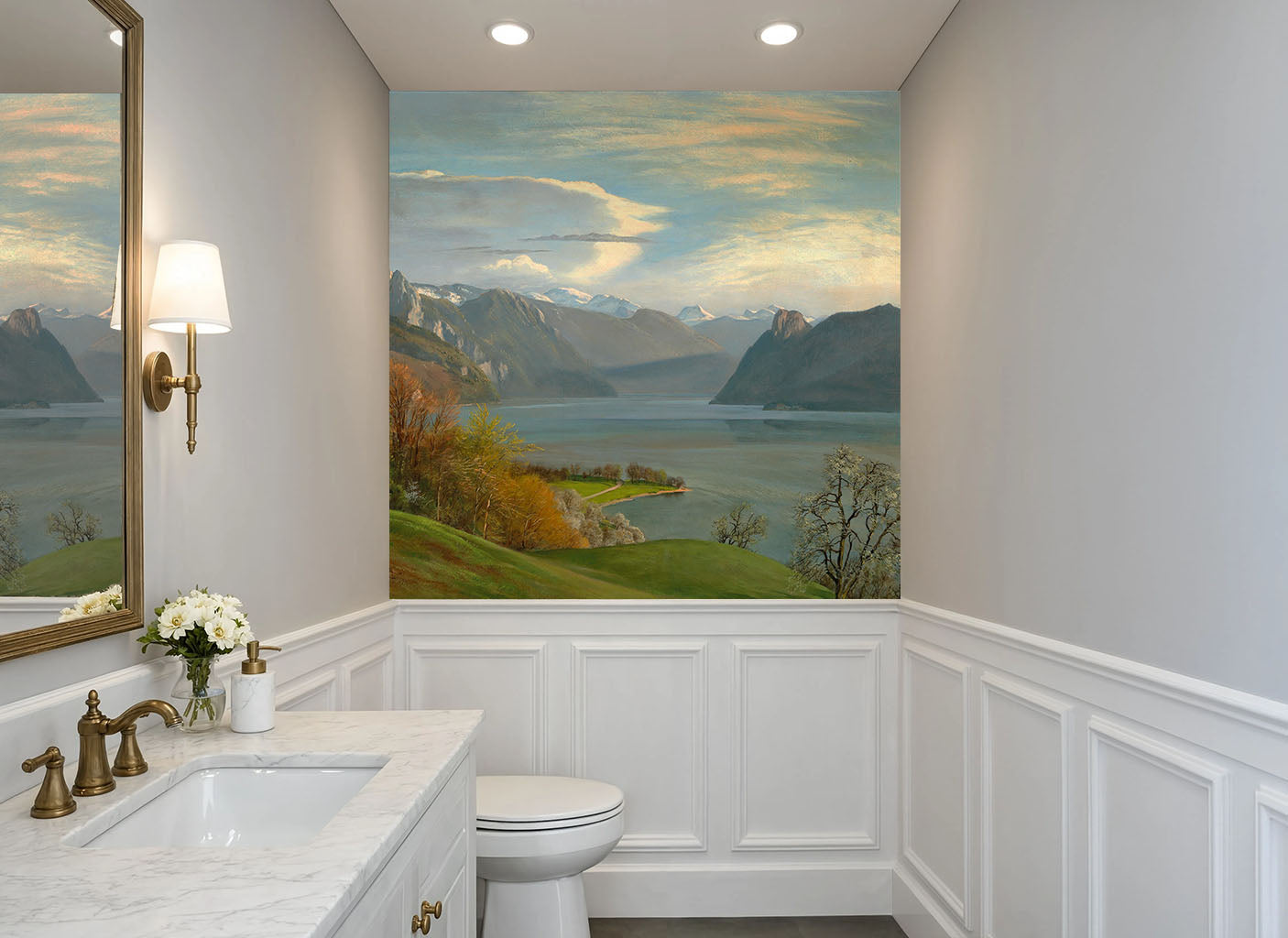 60x60 Alpine Lake Wall Mural Above Wainscoting featuring mountain peaks and tranquil waters