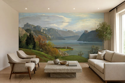 Alpine Lake Wall Mural Above Wainscoting featuring mountain peaks and tranquil waters