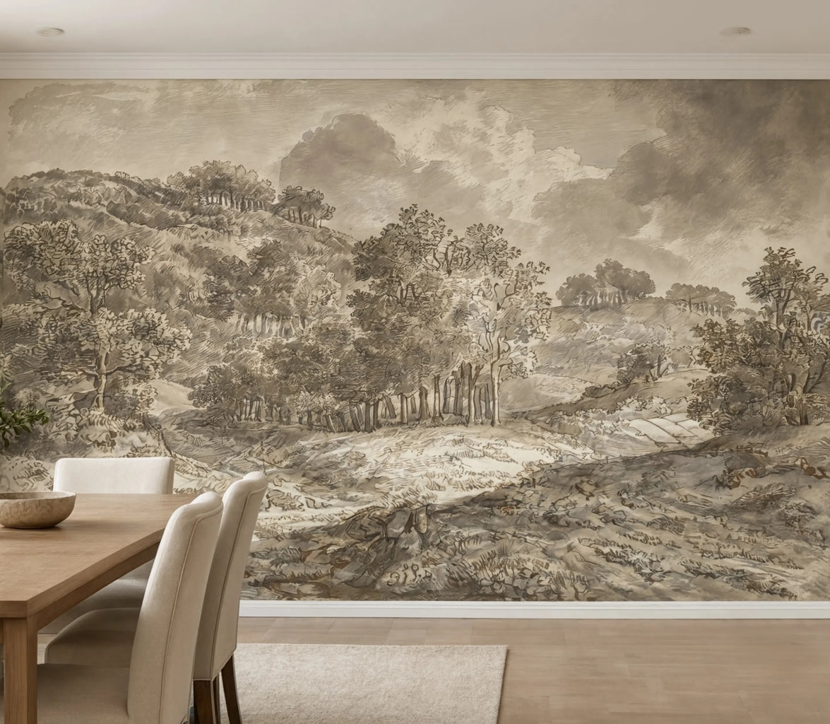 Large panoramic fine art wallpaper mural of an antique European countryside lithograph etching style, installed on a luxury dining room wall.