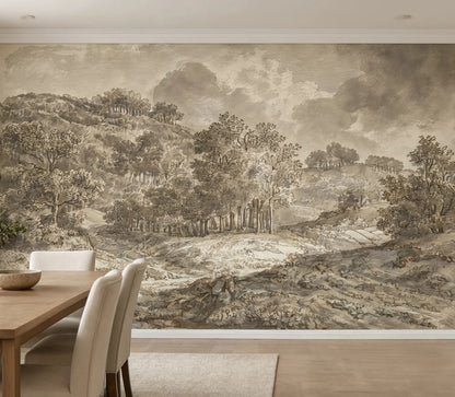 Large panoramic fine art wallpaper mural of an antique European countryside lithograph etching style, installed on a luxury dining room wall.