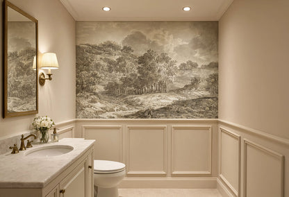 Square 60x60 inch vintage monochrome landscape wallpaper installed above white wainscoting in a powder room.