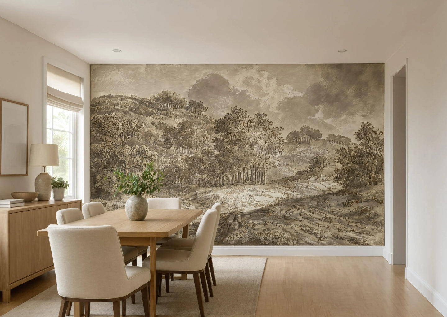A vintage monochrome landscape sketch wall mural featuring detailed ink drawings of trees and rolling hills on a warm cream sepia background.