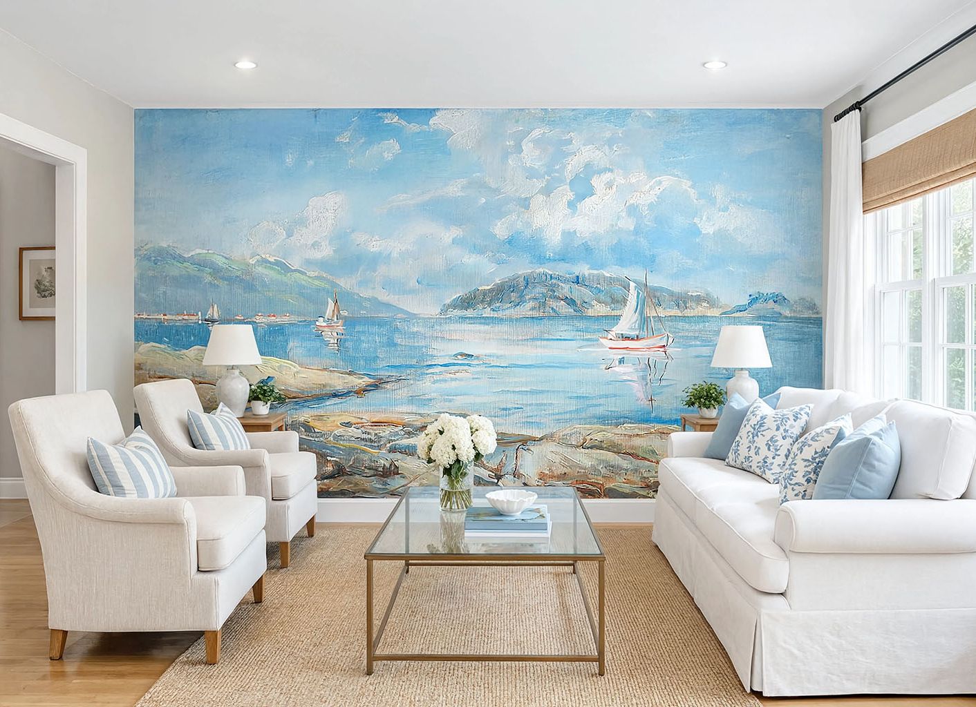 Vintage coastal seascape wall mural with white sailboats on blue water and rocky shore.