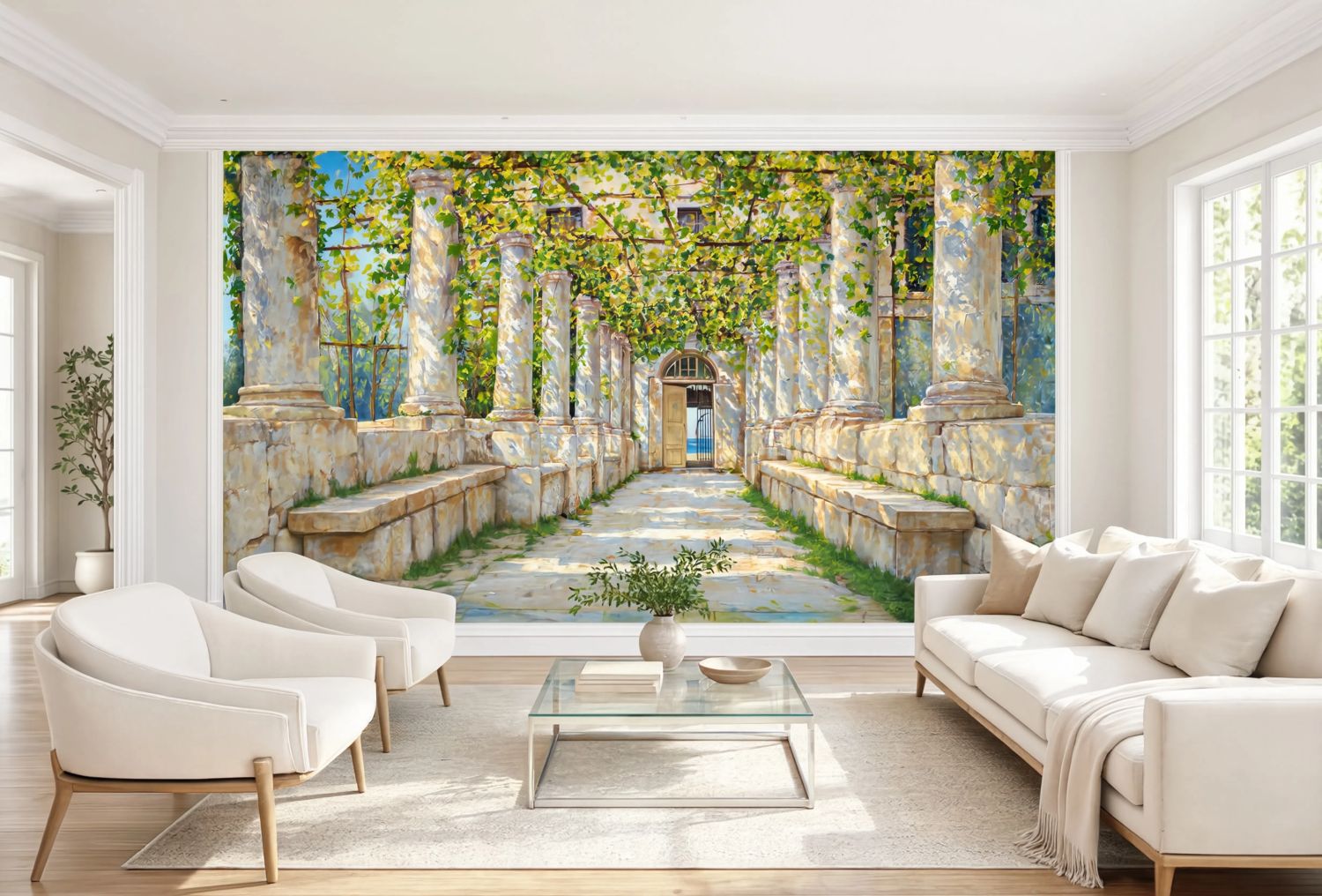 ☀️ High-quality panoramic wallpaper featuring sunlit white columns, stone benches & lush green vines. Premium seamless fabric and non-woven murals for art lovers. 🎨