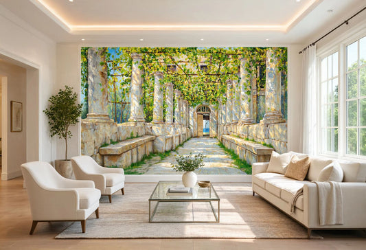 A 19th-century classical landscape wall mural by Holger Hvidtfeldt Jerichau featuring a sunlit Italian stone pergola with columns, benches, and a doorway to the sea.