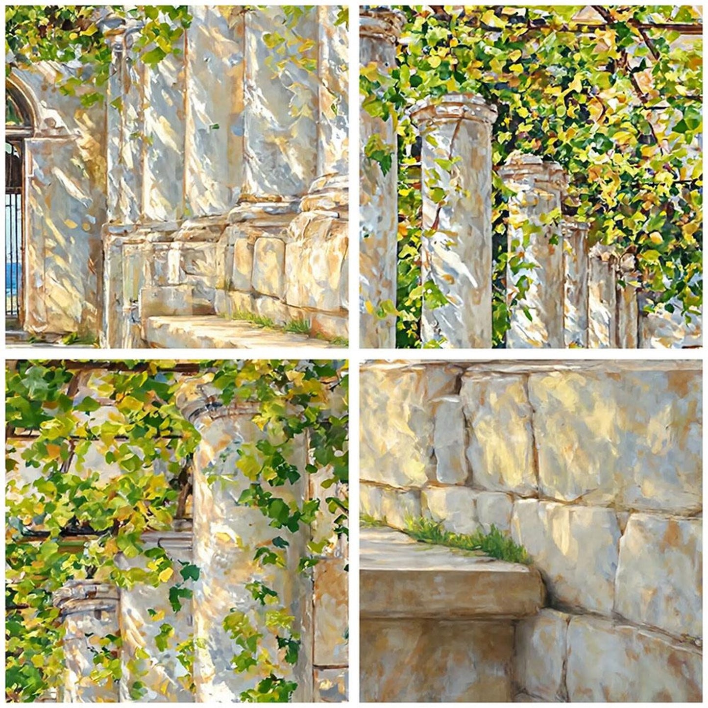 Vintage Mediterranean architectural art print on a large full-wall wallpaper, showing an open walkway with pillars, creeping foliage, and an ocean view in the back.