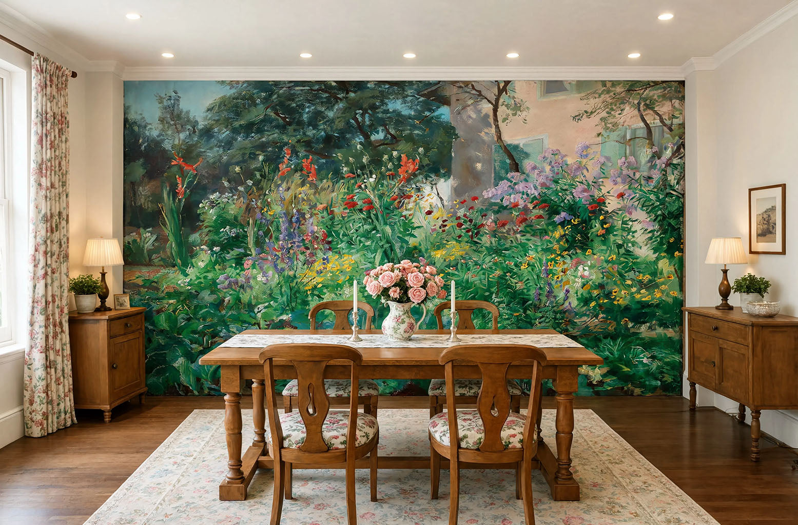 Vintage Cottage Garden Wall Mural Above Wainscoting with vibrant flowers and rustic cottage
