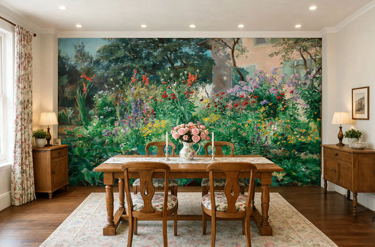Vintage Cottage Garden Wall Mural Above Wainscoting with vibrant flowers and rustic cottage