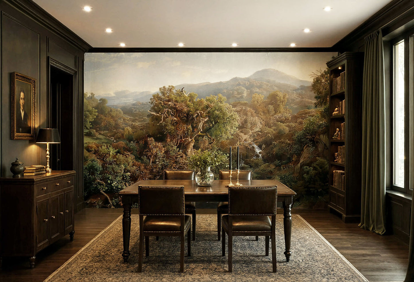 Vintage forest stream landscape wallpaper behind a dining room table