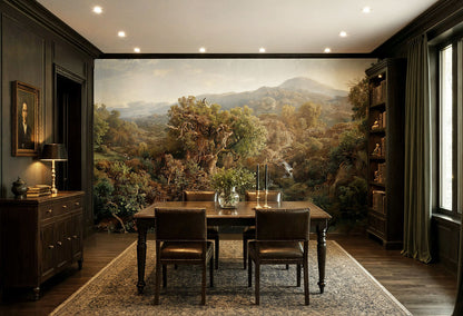 Vintage forest stream landscape wallpaper behind a dining room table