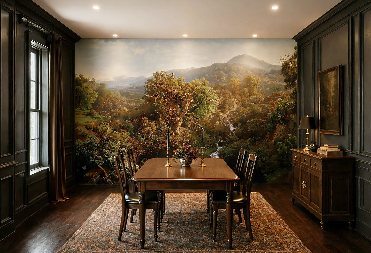 Moody mountain waterfall wall mural in a dark academia styled home office
