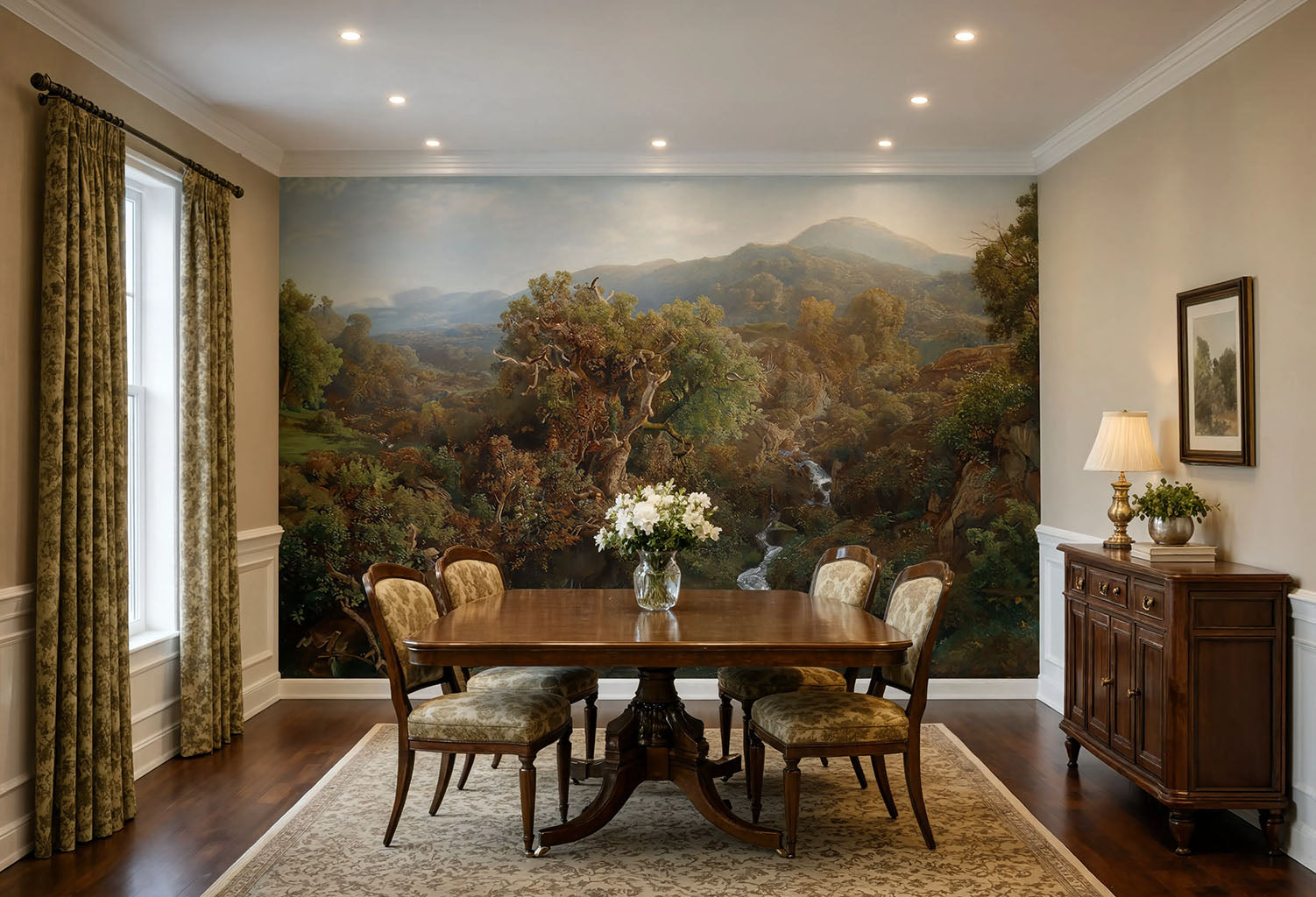 Antique oil painting mountain mural with rushing water in a dining room