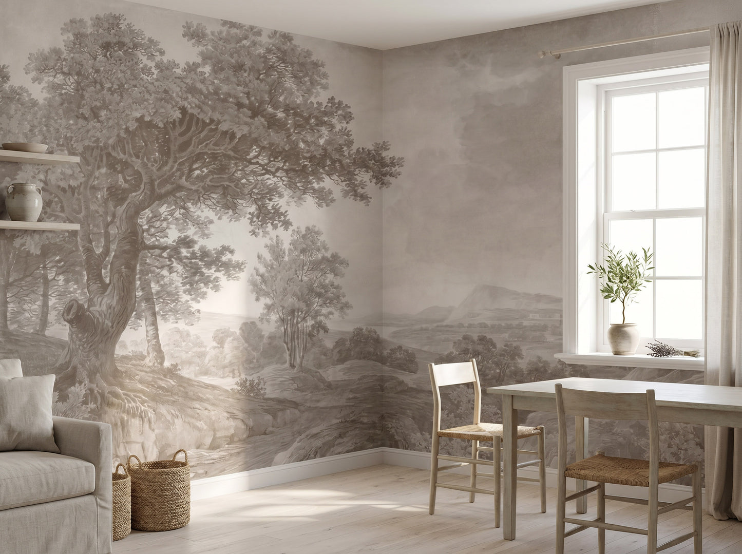 Large wall mural of a landscape with trees - Sepia Tree Engraving Wallpaper | Peel and Stick or Fabric