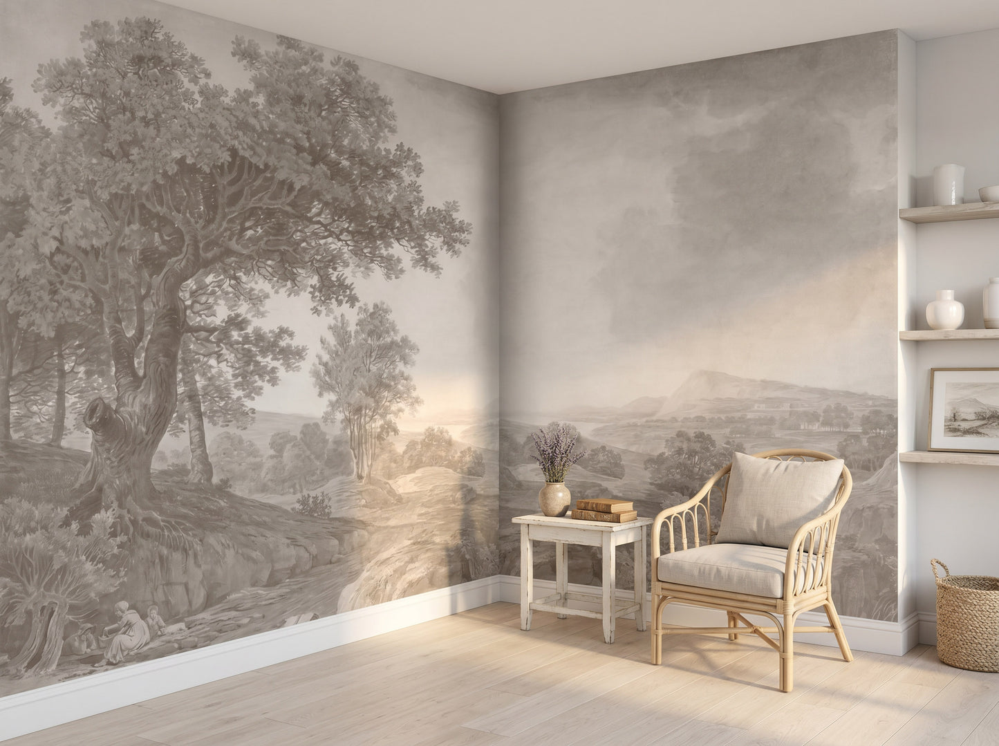 Vintage Landscape Wall Mural | Monochrome Wallpaper | 19th Century Scenic Art | Large Wall Tapestry