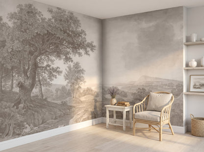 Vintage Landscape Wall Mural | Monochrome Wallpaper | 19th Century Scenic Art | Large Wall Tapestry