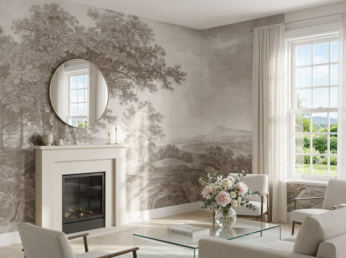 Vintage Landscape Wall Mural Monochrome James Bayens Wallpaper