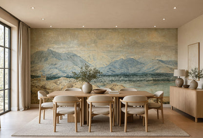 Antique Italian Mountain Fresco Wall Mural with distressed plaster texture and distant peaks