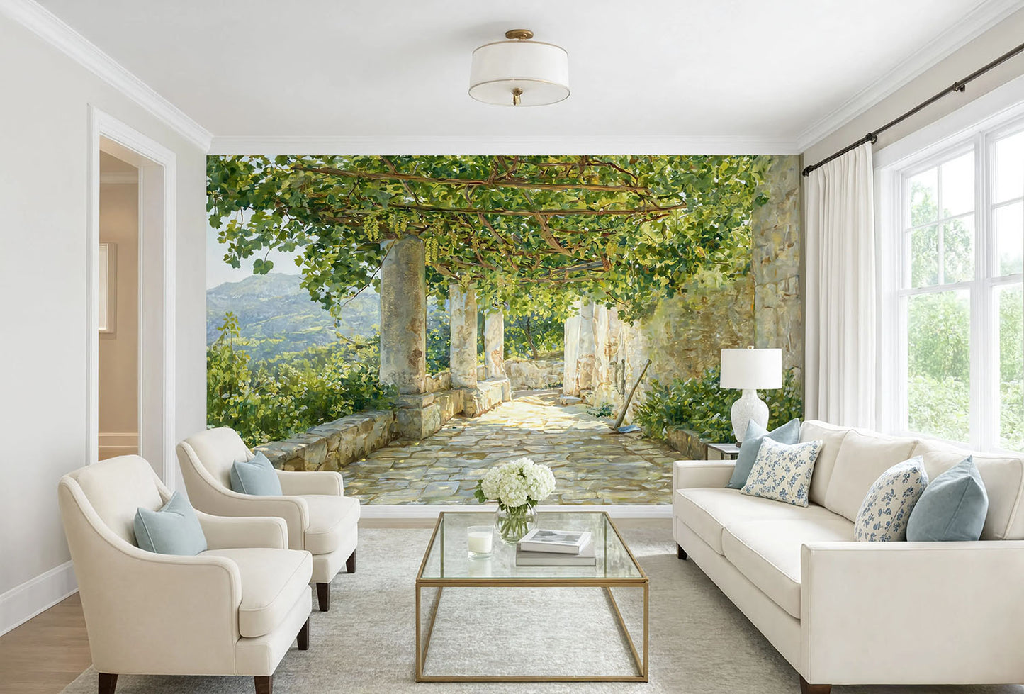 A 19th-century oil painting wall mural by Janus la Cour showing a stone loggia pathway in Capri beneath a lush green grapevine pergola with hanging grapes.