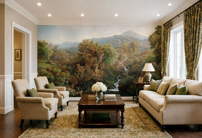 Fine art forest wallpaper mural in a cozy living room with warm lighting