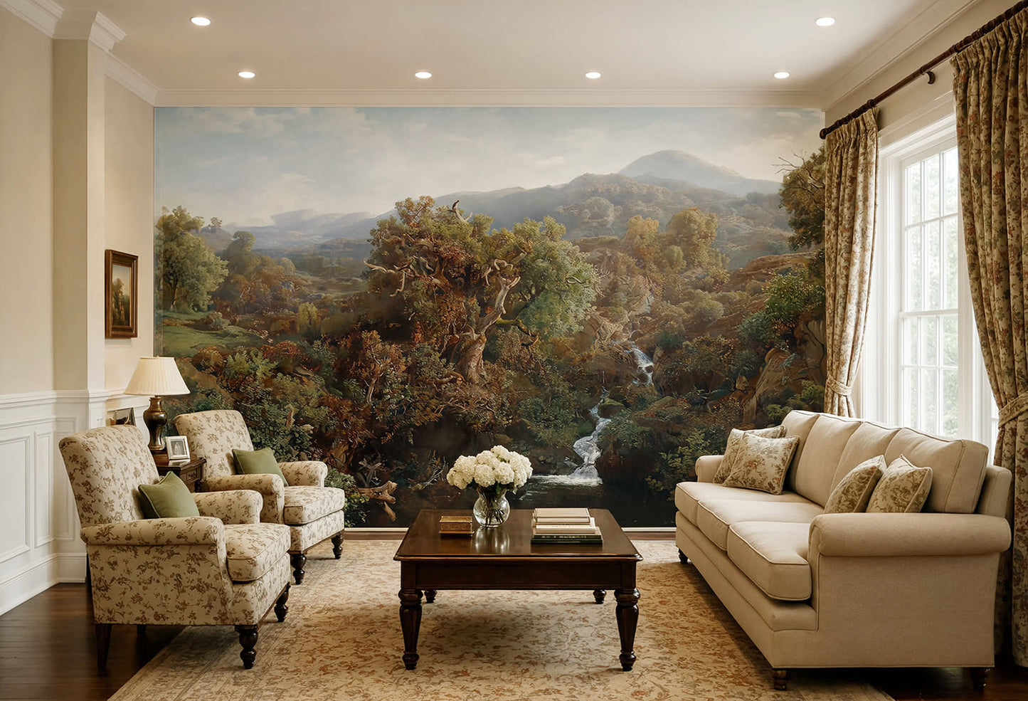 Mountain forest wallpaper in a cozy living room
