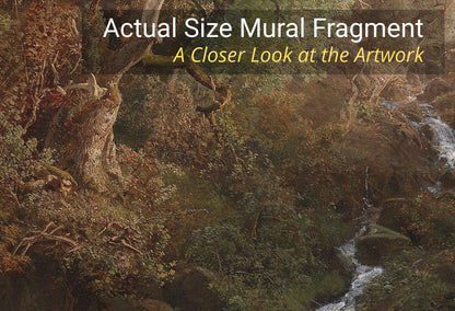 A close-up view of a classical landscape mural showing a forest scene with a stream, rocks, and large tree trunks. White text at the top reads 'Actual Size Mural Fragment' and smaller yellow text reads 'A Closer Look at the Artwork'.