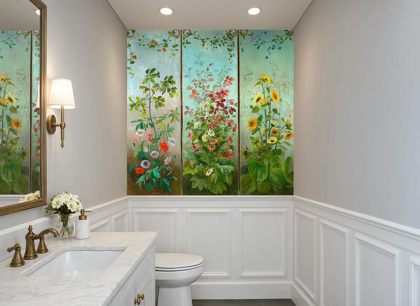 Botanical Triptych Wall Mural featuring poppies sunflowers and oak leaves above wainscoting