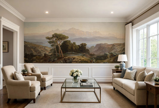 Vintage Salerno coastal landscape wall mural above wainscoting with pine trees and hazy mountains.