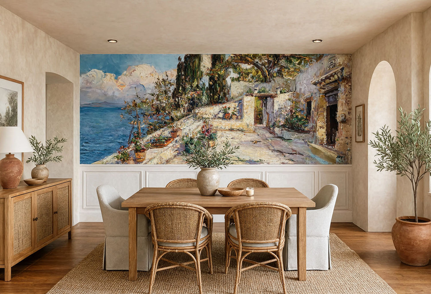 A horizontal 19th-century impressionist oil painting wall mural by Lea von Littrow showing a stone terrace with flowers next to a vibrant blue sea.